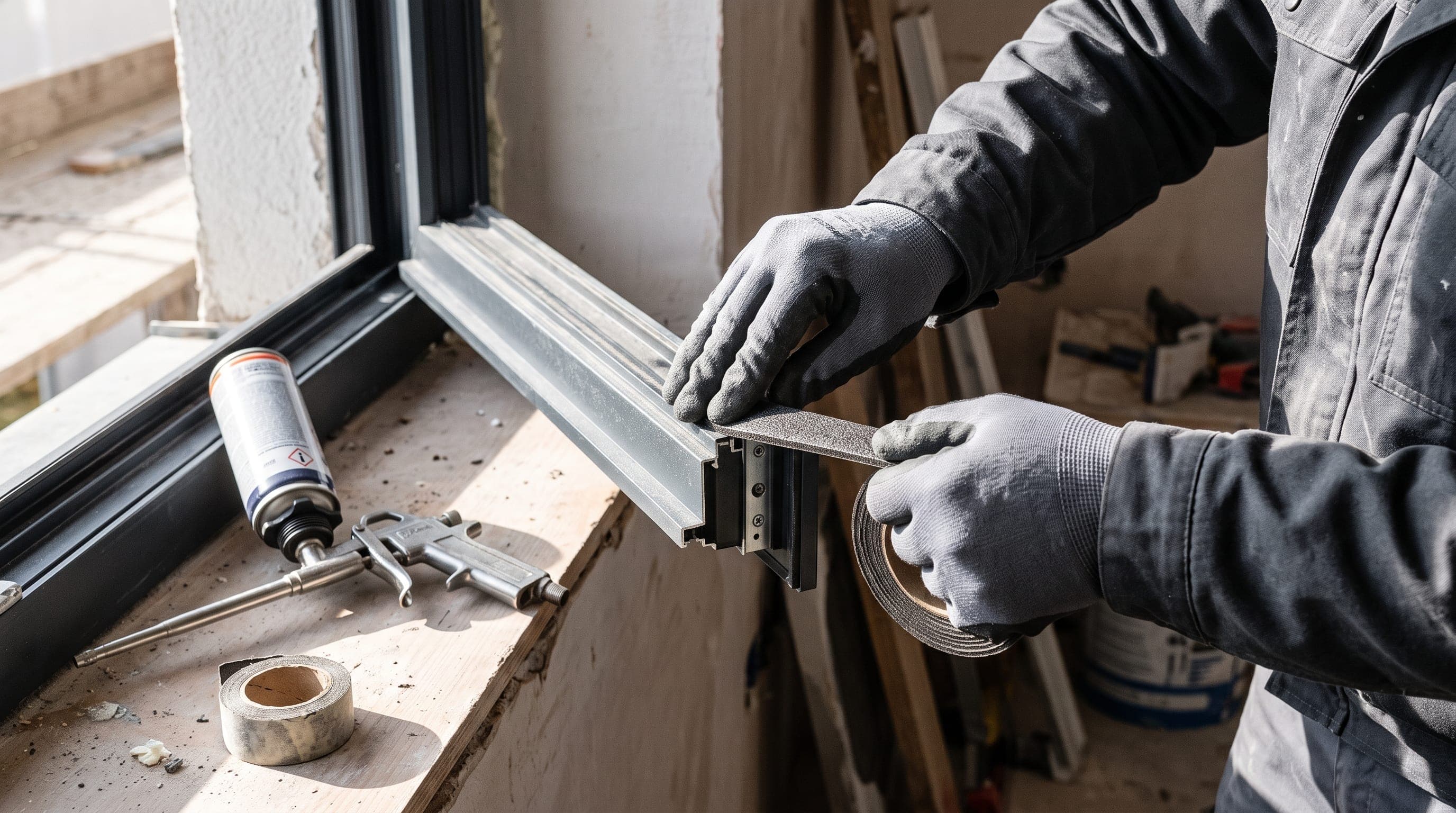 Application du joint compribande sur un dormant aluminium, pistolet à mousse expansive au premier plan