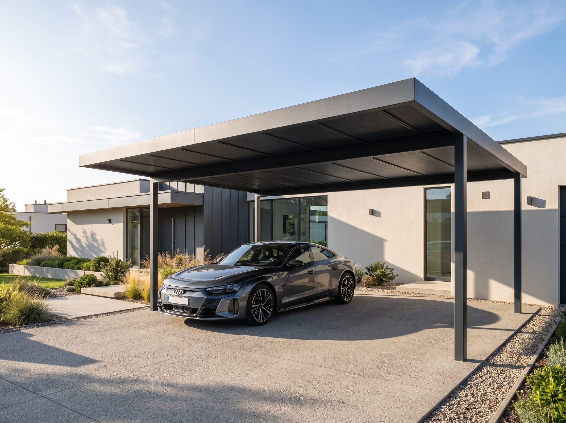 Carport aluminium anthracite à toit plat, structure fine sans poteau intermédiaire