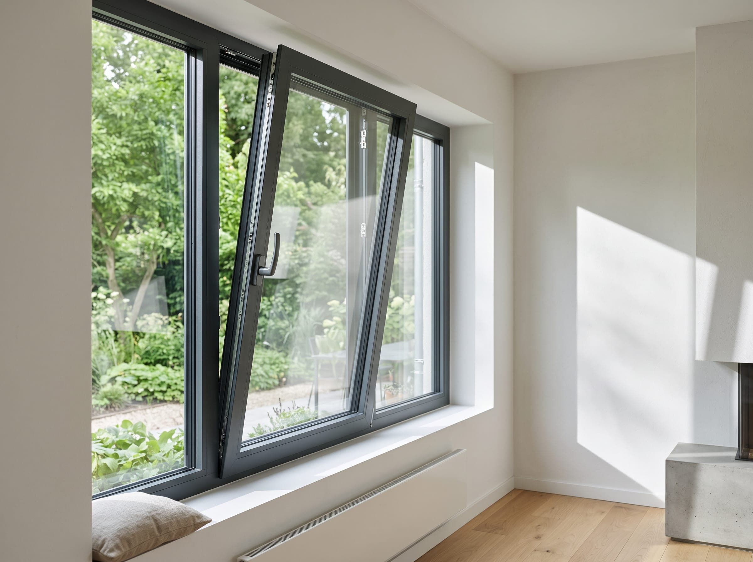 Coupe macro d’un profilé de fenêtre aluminium Schüco, chambres d’isolation et triple vitrage visibles