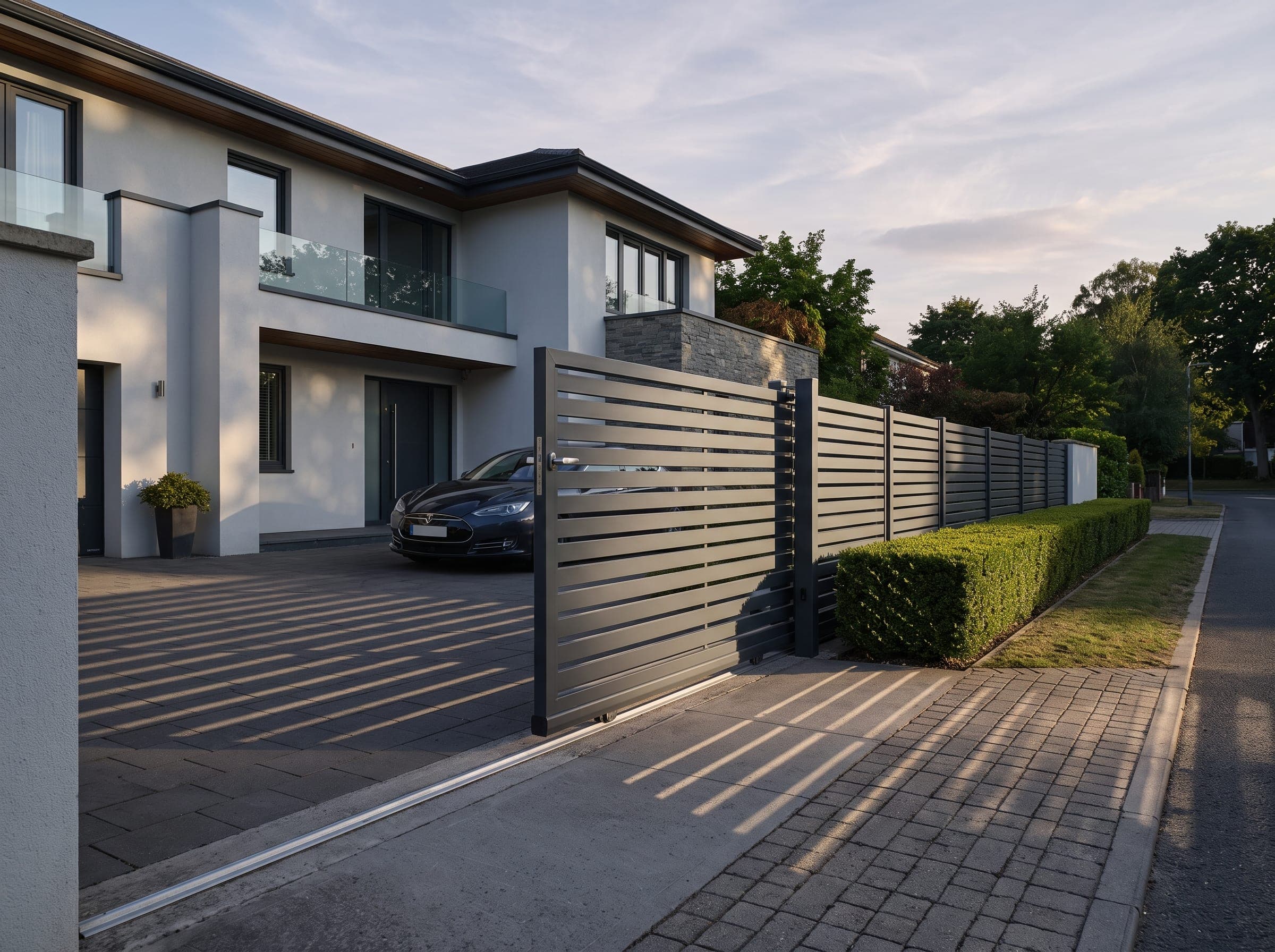 Portail coulissant aluminium anthracite à lames horizontales devant une maison contemporaine