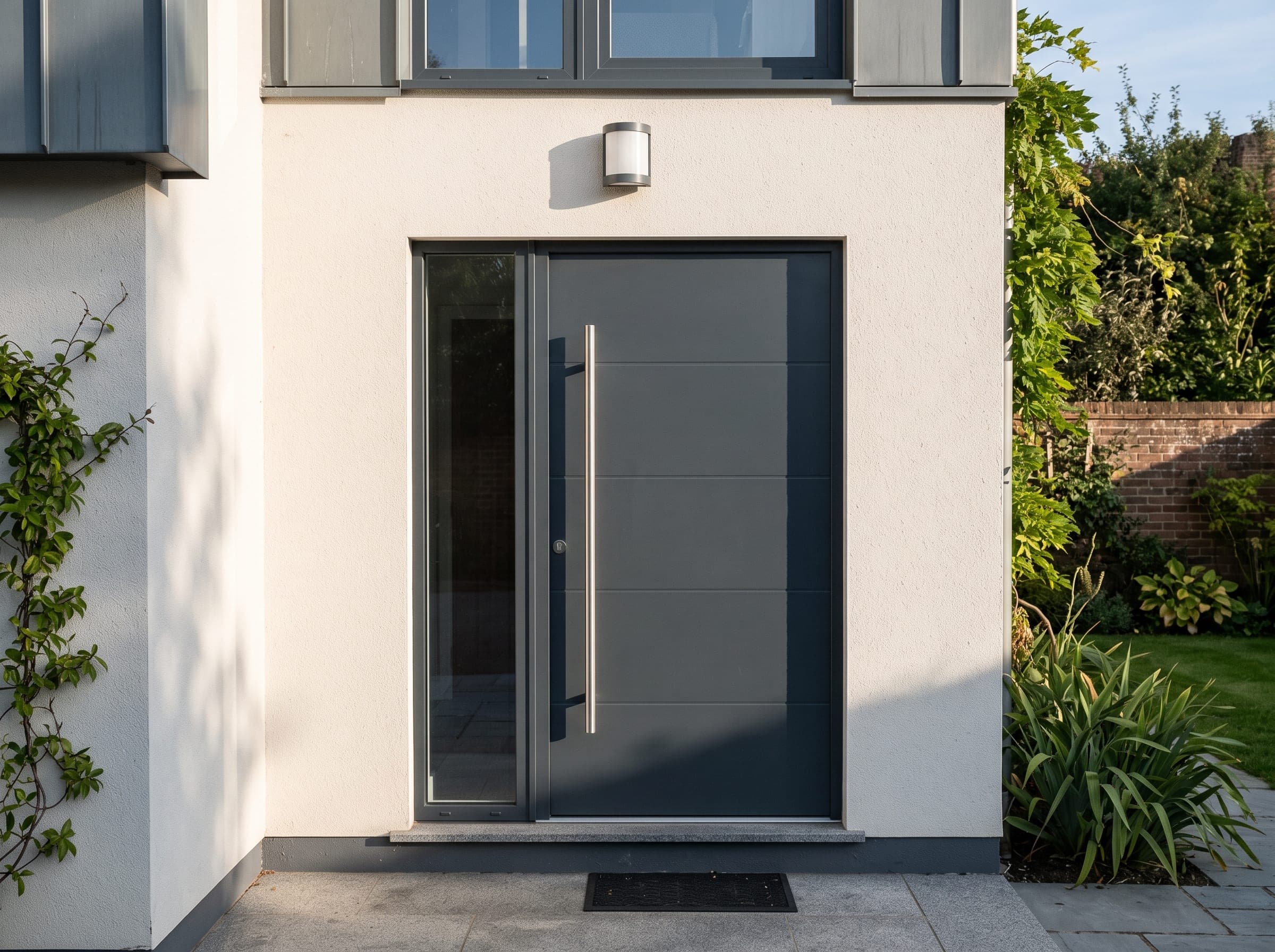 Porte d’entrée aluminium anthracite affleurante avec poignée bâton inox, lumière d’atelier