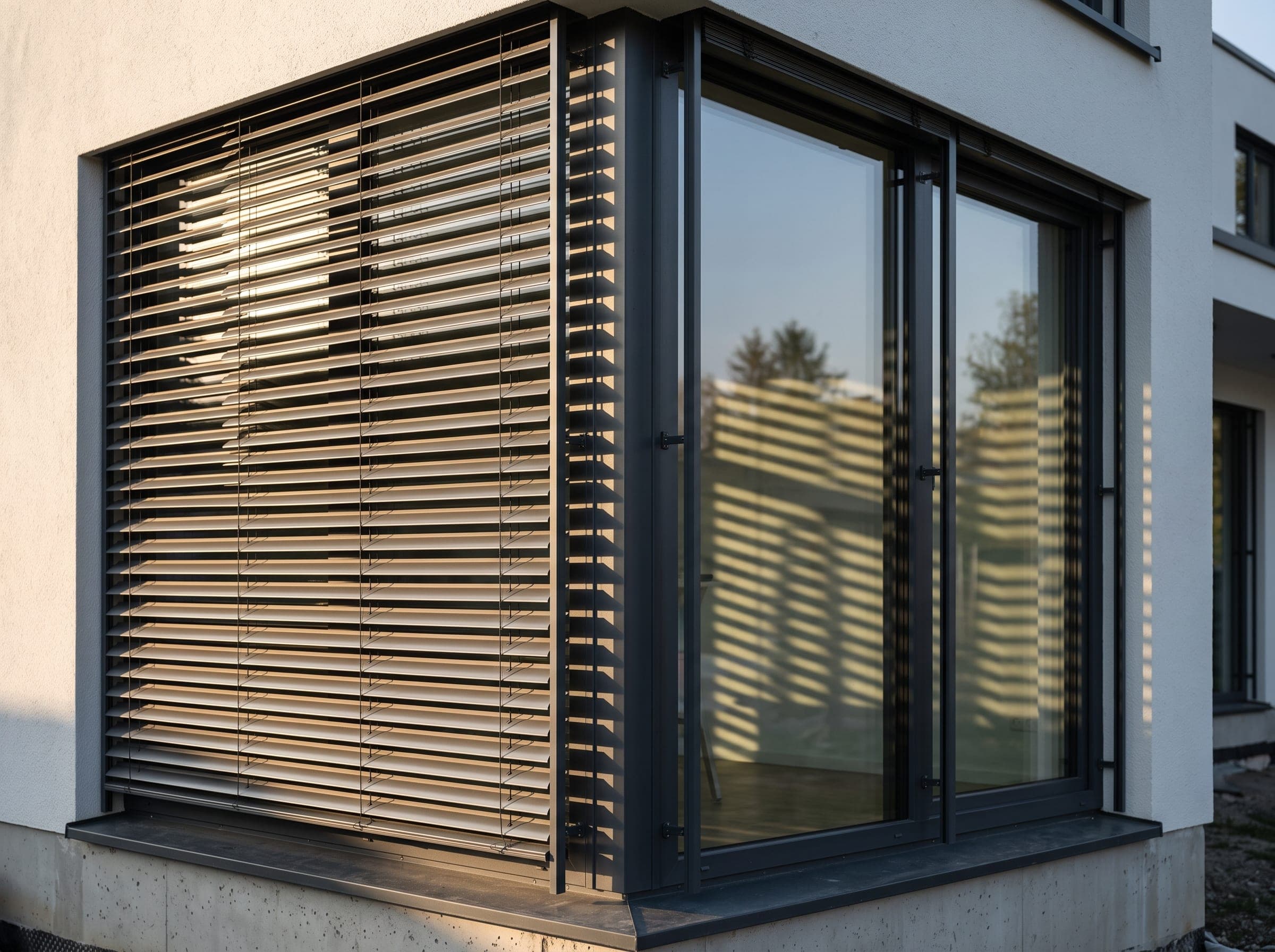 Brise-soleil orientables aluminium en façade, lames inclinées filtrant la lumière rasante