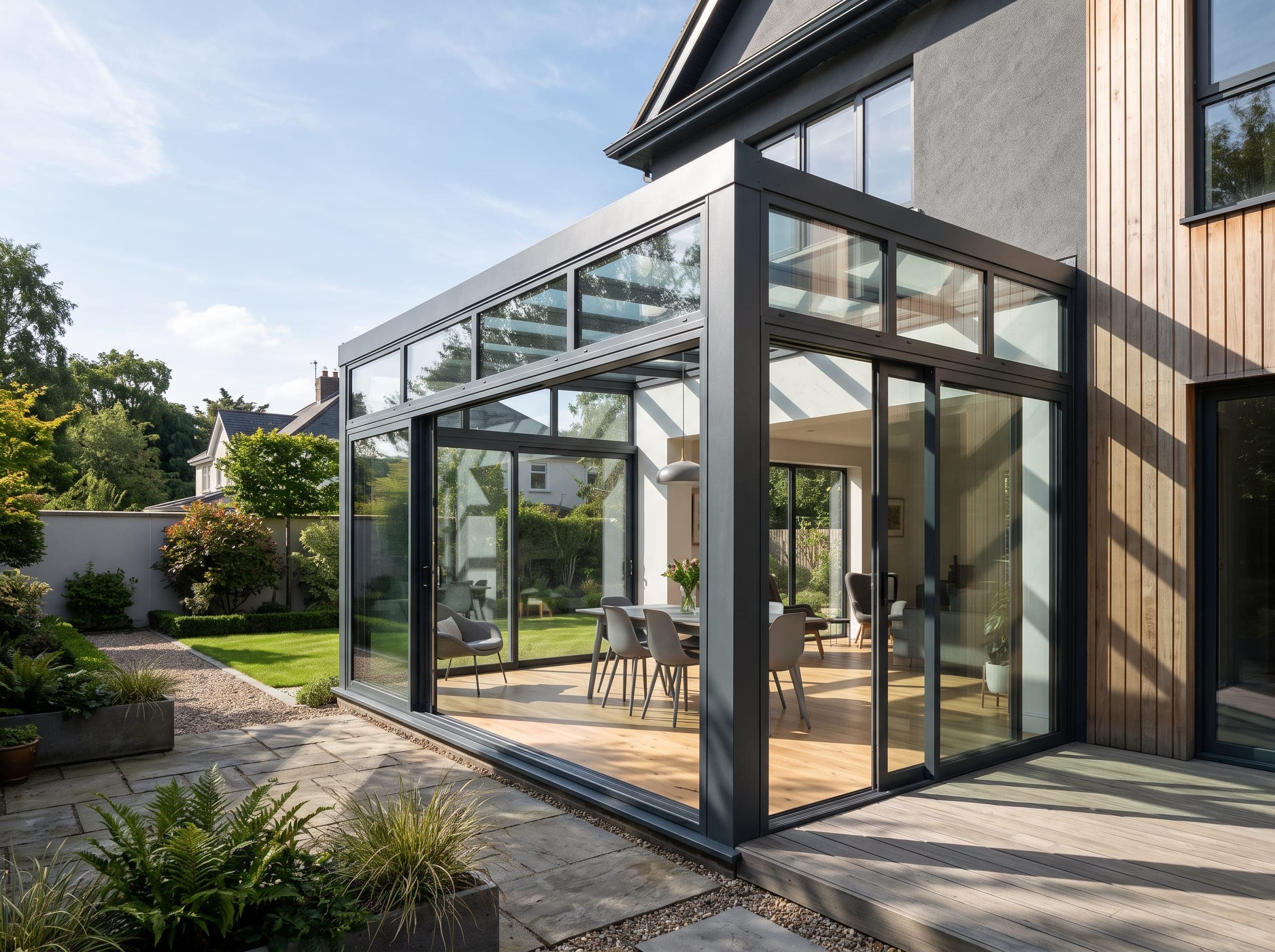Véranda aluminium anthracite adossée, structure fine et grandes baies vitrées au soleil rasant