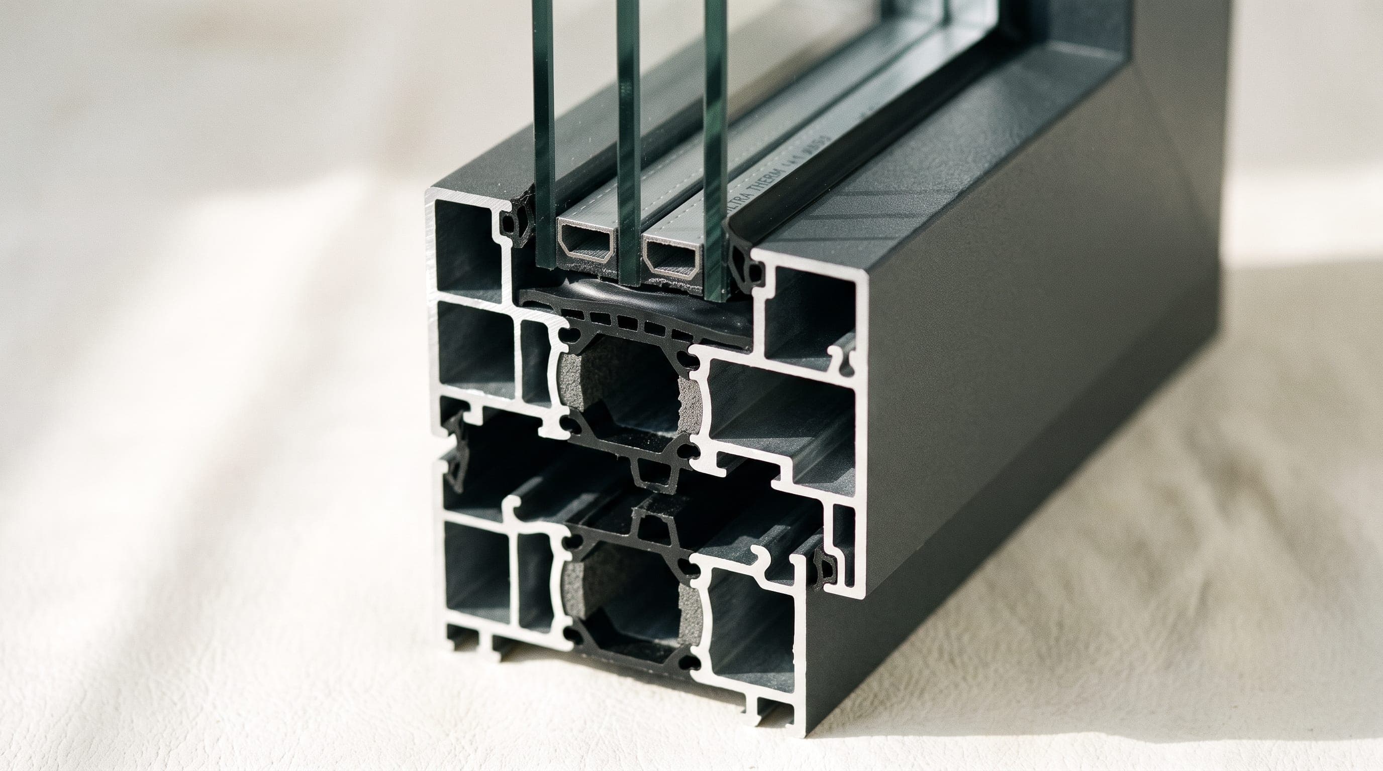Macro d'une coupe de profilé aluminium : chambres d'isolation, joints et triple vitrage sous lumière rasante